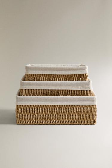 Zaras REKTANGULÄR KORG MED BOMULLSFODER - Ljust beige - Bild 0