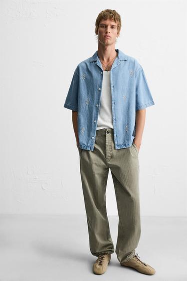 CONTRAST EMBROIDERY DENIM SHIRT - Mid-blue by Zara