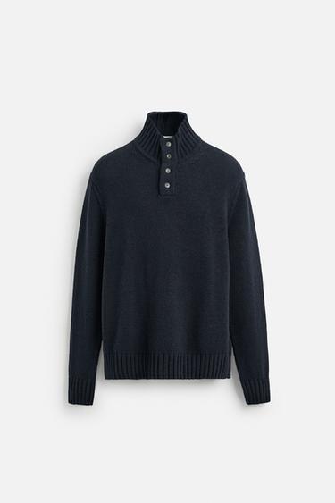 COTTON-WOOL BLEND BUTTON-UP SWEATER - Dark navy by Zara - Image 0