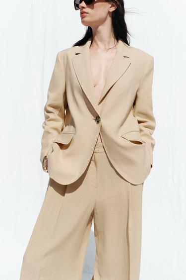 PANTALON LARGE À PINCES AVEC LIN - Marron clair de Zara - Image 2