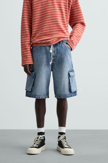 Zara CARGO DENIM SHORTS - Mid-blue