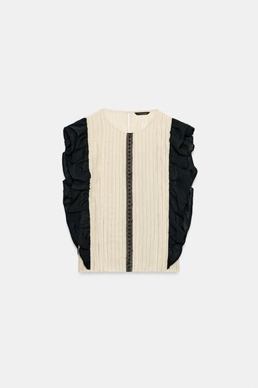 BLOUSE À RAYURES ET VOLANTS - Noir / Écru de Zara - Image 5