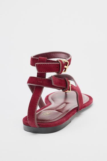 SANDALES PLATES  ENTREDOIGT EN DAIM - Rouge de Zara - Image 4