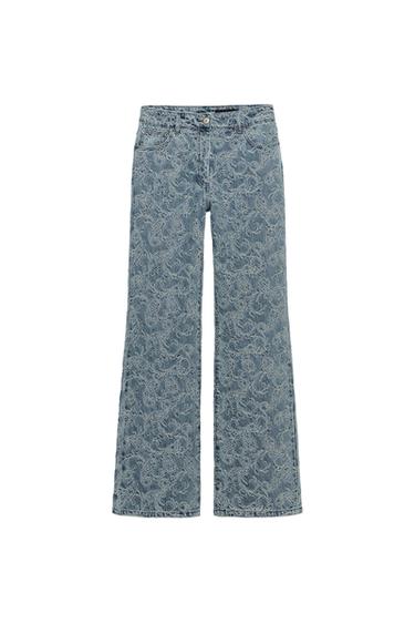JEANS ZW COLLECTION FLARE SHTRAT I LARTË JACQUARD - E kaltër nga Zara