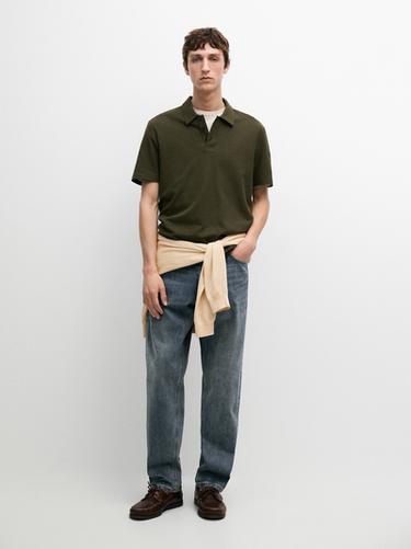 Zara Micro-textured cotton blend polo shirt - Dark olive - Image 0
