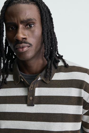 STRIPED JACQUARD KNIT POLO SHIRT - Brown by Zara