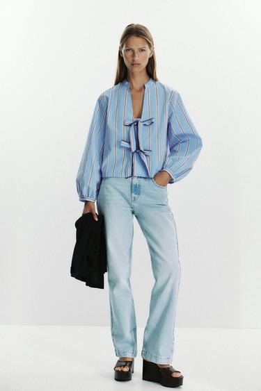 Zara STRIPED POPLIN SHIRT WITH TIES - Sand / Blue - Image 0