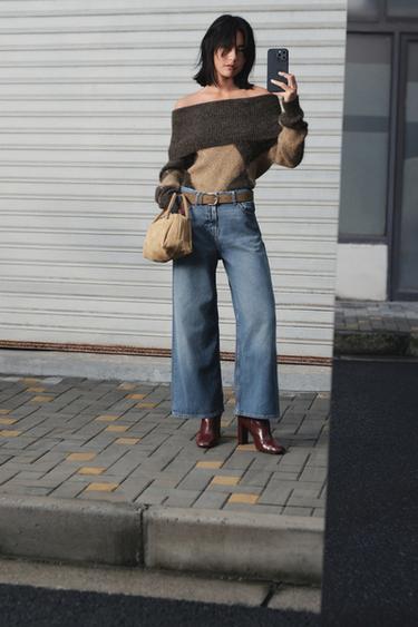 Zara Z.08 系列高腰寬管及踝腰帶牛仔褲 - 中藍色