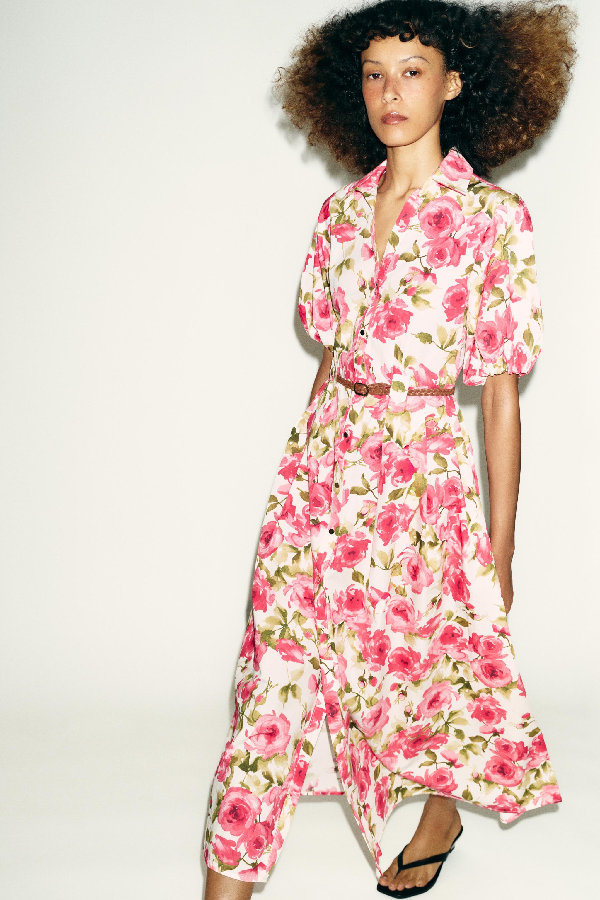 Zara - Belted Floral Print Midi Dress - Multicolored - M - Woman Zara - Belted Floral Print Midi Dress - Multicolored - M - Woman