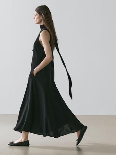 Zara Halter neck midi dress with tie detail - Black