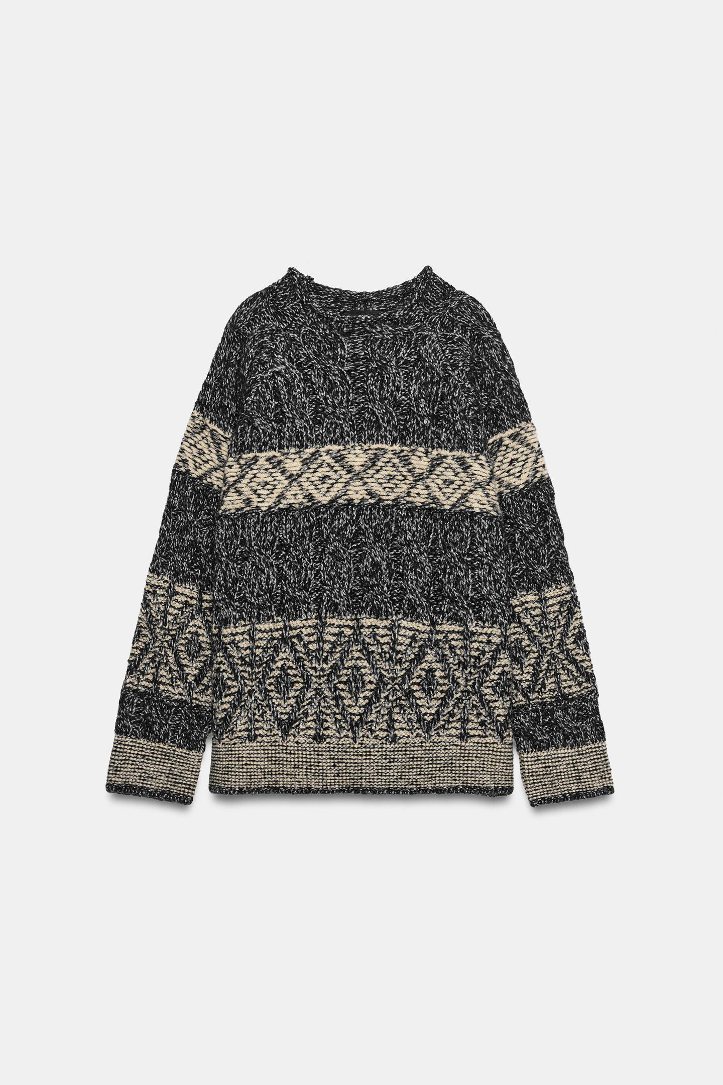 Женский свитер Zara Metallic Thread Jacquard, цвет: Чёрный / Белый — фото 6