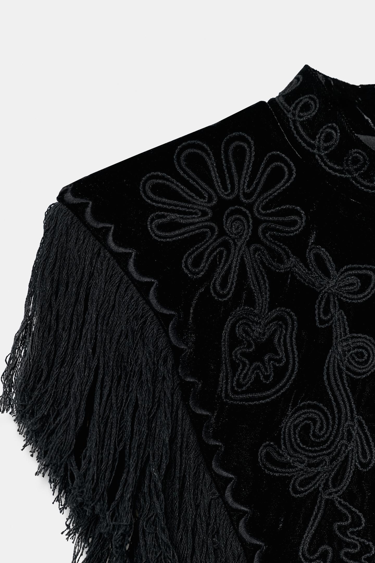 Женский жилет Zara ZW Collection Embroidered Fringe Velvet, цвет: Чёрный — фото 7