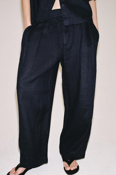 Zara PLEATED LINEN PANTS ZW COLLECTION - Navy blue