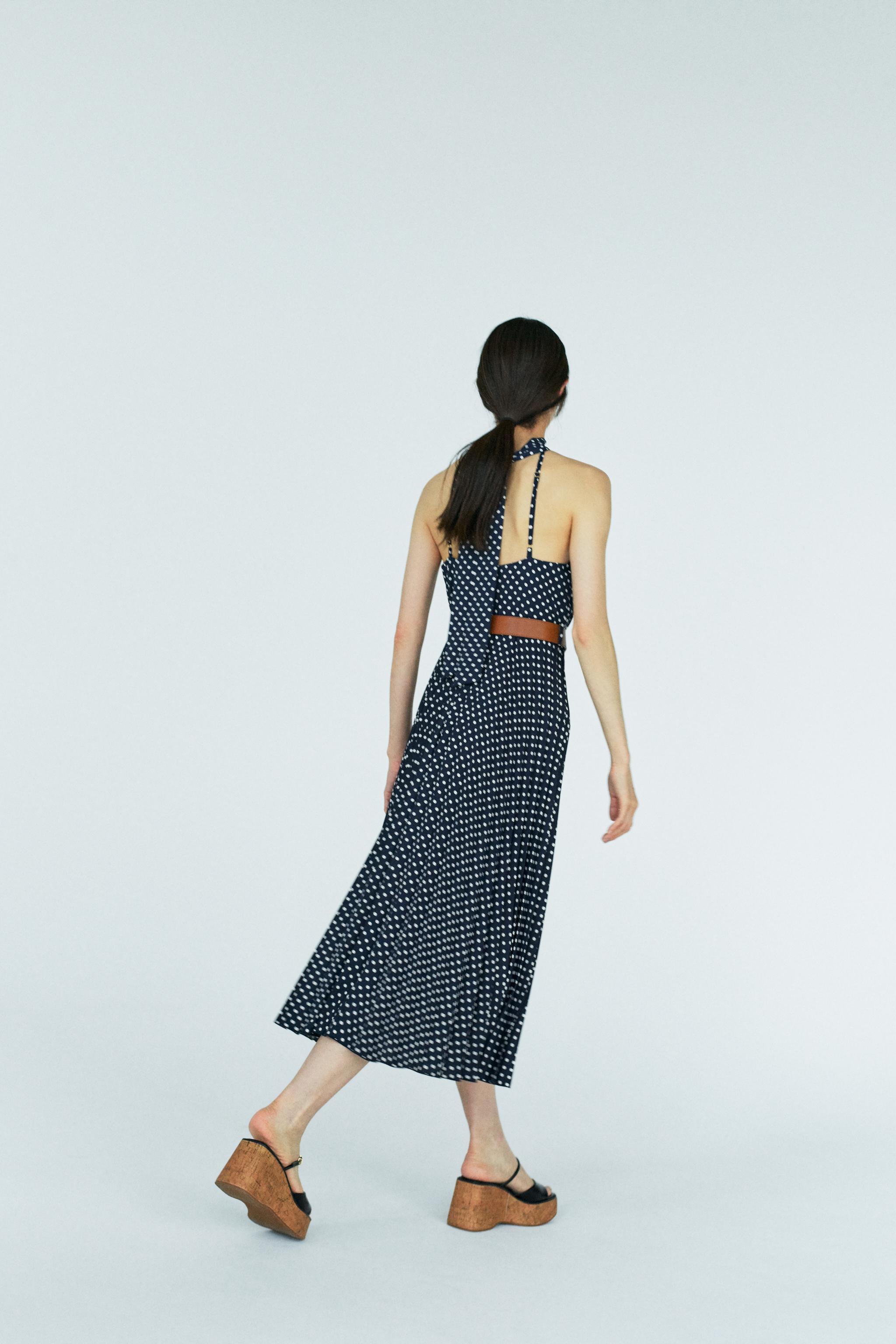★ZARA★ドット柄ベルト付きホルターネックミディワンピース ドット柄ベルト付きホルターネックミディワンピース - ネイビー