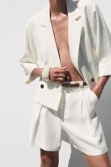 Zara BELTED PLEATED SHORTS - White