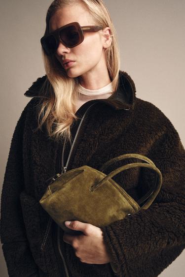 SPLIT SUEDE BOWLING BAG - Khaki Green by Zara - Image 1