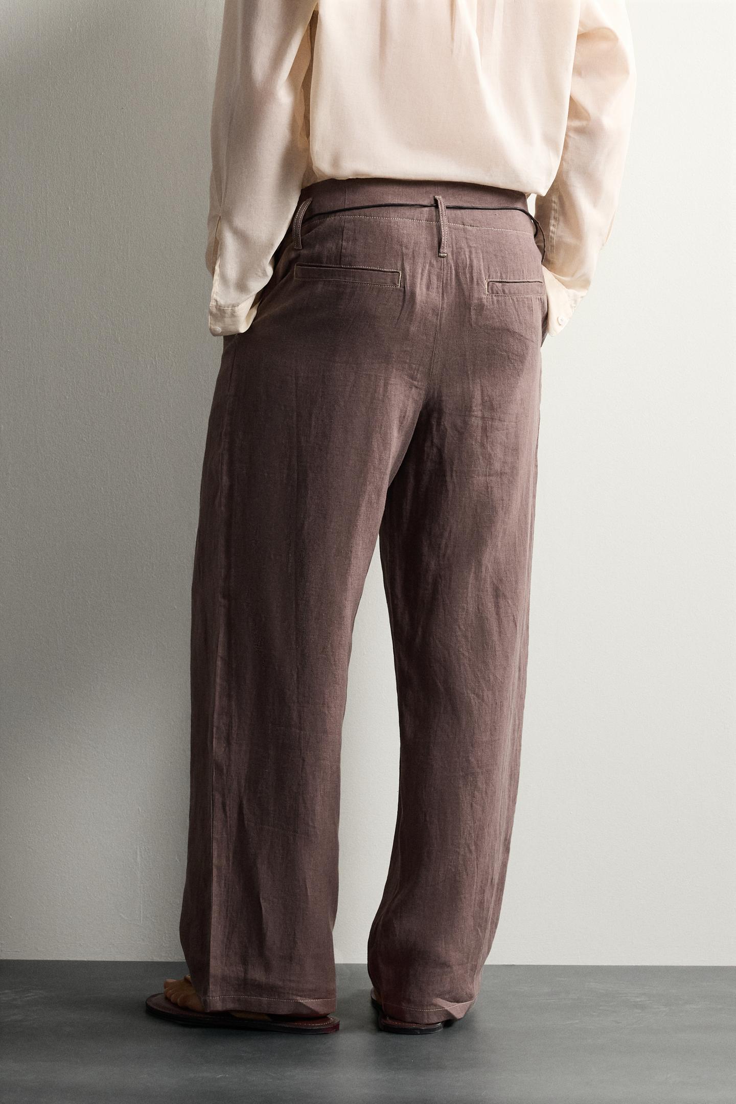Мужские брюки Zara 100% Linen Relaxed Fit, цвет: Коричневый — фото 3