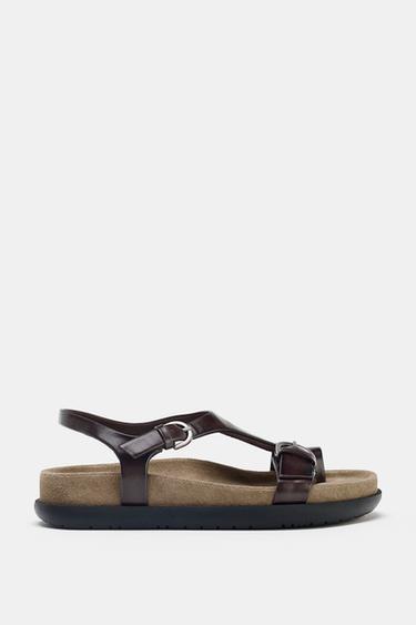 PLATTE LEREN SANDALEN - Chocoladebruin van Zara