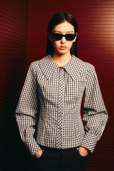 Zara 彼得潘小圓領格紋襯衫 - 棕色-藍色