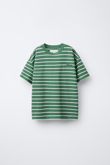 Zara HEAVY WEIGHT EMBROIDERED STRIPED T-SHIRT - Green stripe