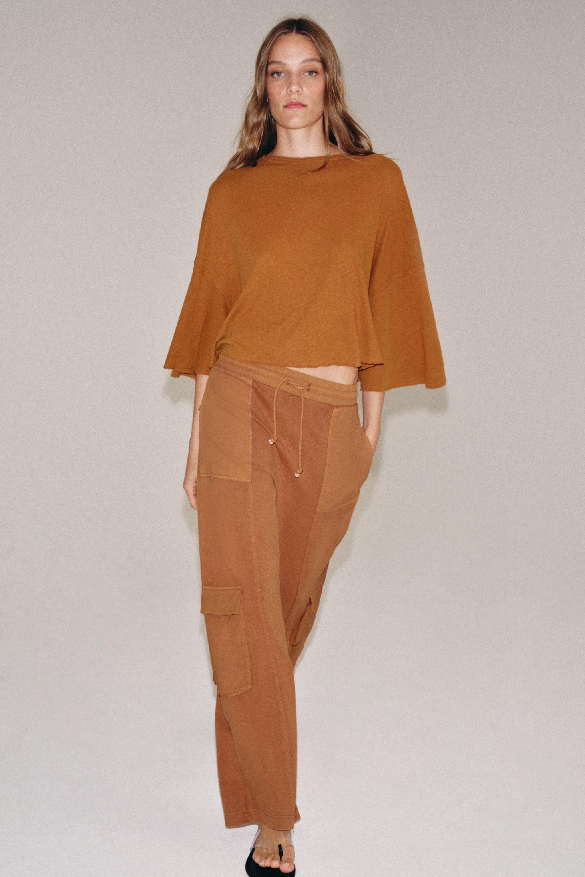 COTTON AND LINEN CAPE T-SHIRT - Brown | ZARA United States