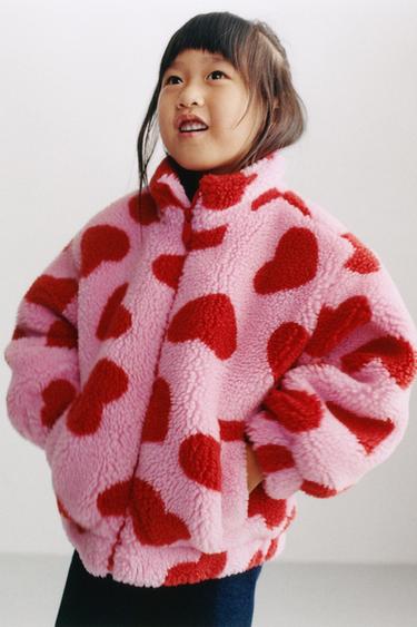 HEART PRINT FAUX SHEARLING JACKET — Pink 1