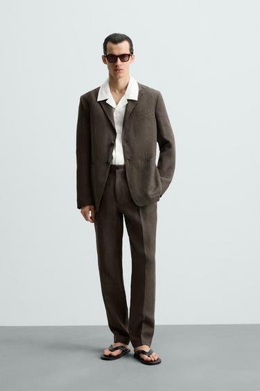 Zara 100% LINEN SUIT JACKET - Brown - Image 0