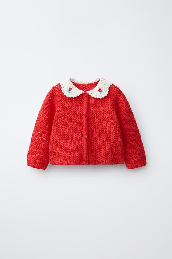 CHAQUETA PUNTO CUELLO BOBO FLORES BORDADAS - Rojo de Zara - Imagen 0