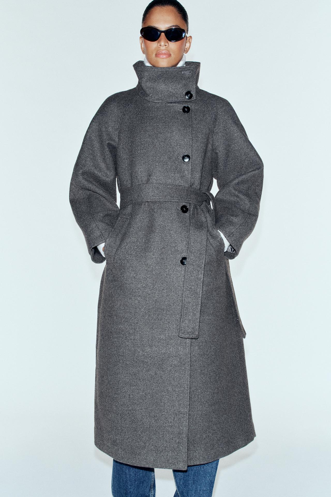 HIGH COLLAR BELTED COAT — Grey
