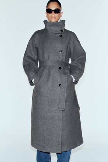HIGH COLLAR BELTED COAT — Grey 2