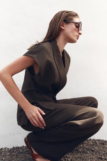 Zara ZW COLLECTION LINEN BLEND PLEATED PANTS - Brown