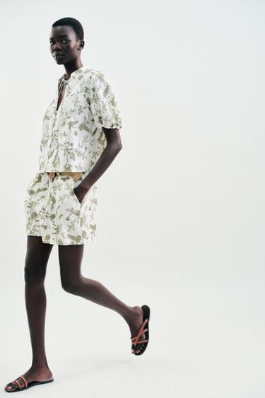 BERMUDASHORTS MED PRINT OG HULMØNSTERBRODERI - råhvid/kaki fra Zara - Billede 0