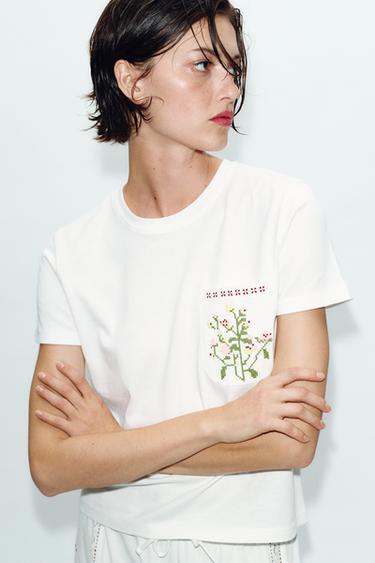 T-SHIRT POCHES BRODÉES - Blanc de Zara - Image 2
