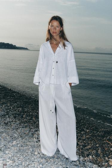 Zara WIDE LEG LINEN PANTS WITH BELT - White