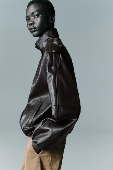 FAUX LEATHER HIGH-NECK JACKET - Dark brown by Zara