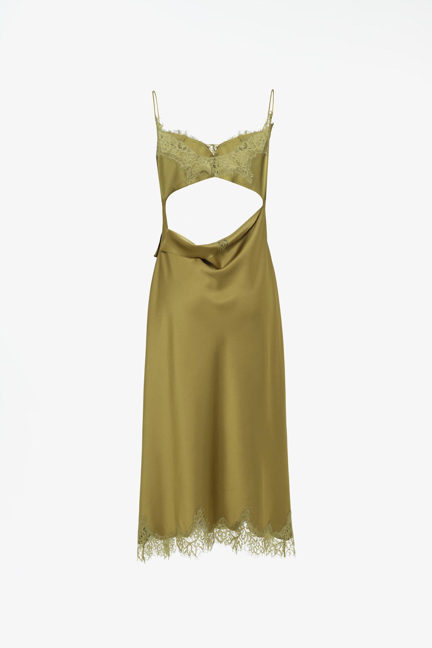 Женское платье Zara Limited Edition Satin Lace MIDI Dress with Cutouts, цвет: Зелёный — фото 5