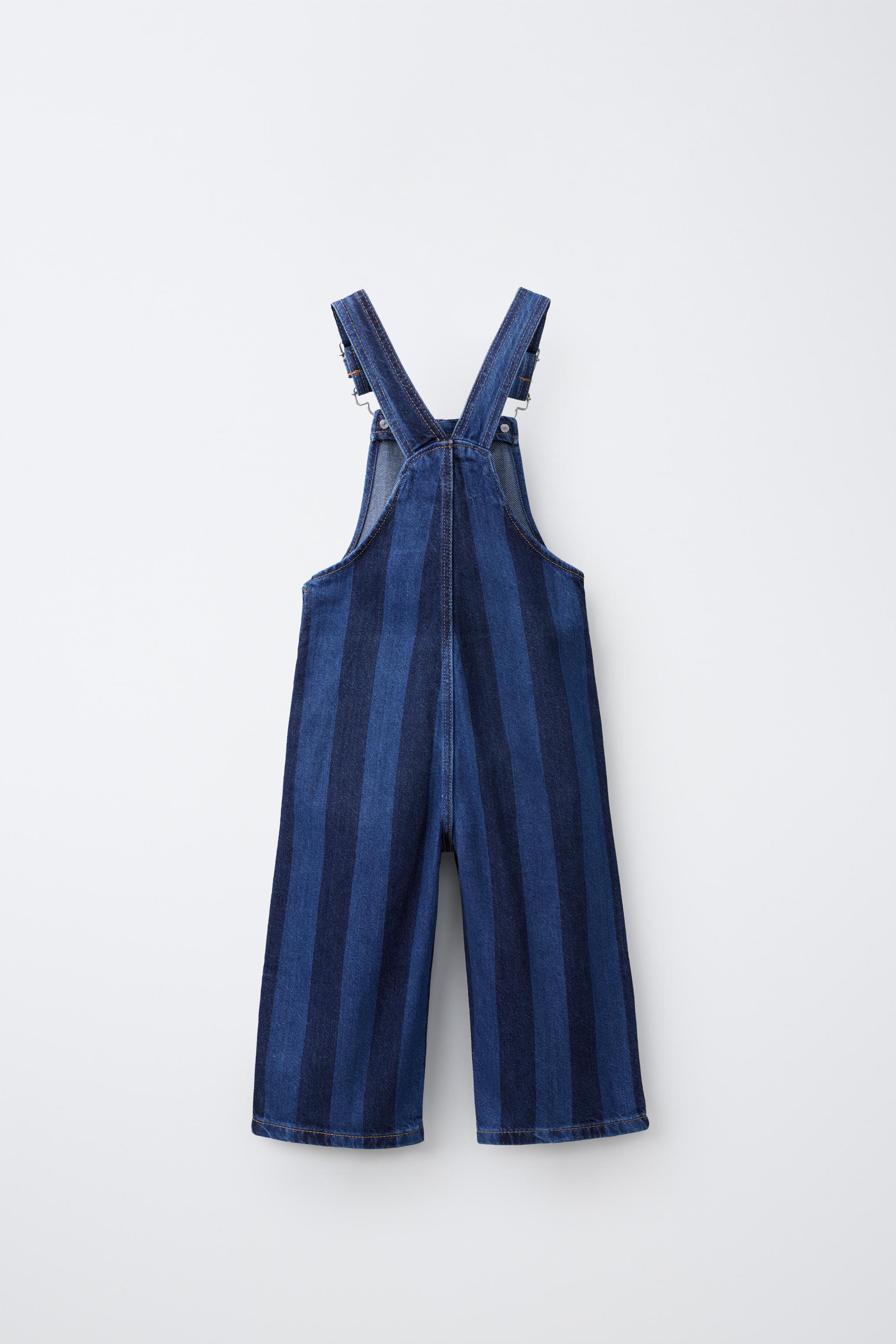 STRIPED HEART DENIM OVERALLS — Blue