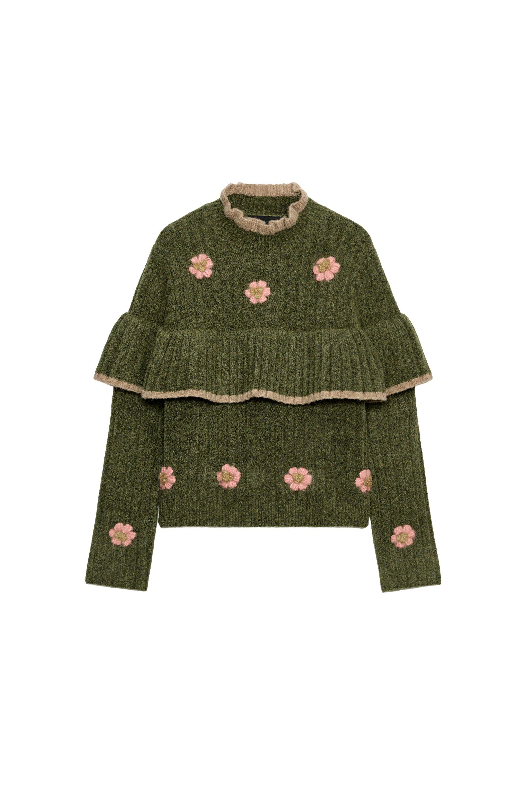 KNIT JUMPER WITH FLORAL RUFFLES - Green | ZARA New Zealand