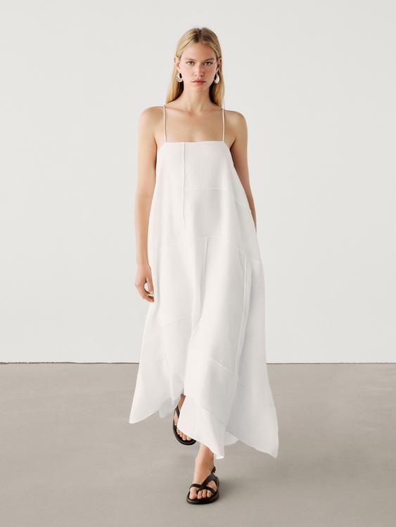 Linen blend asymmetric midi dress - White | ZARA United States