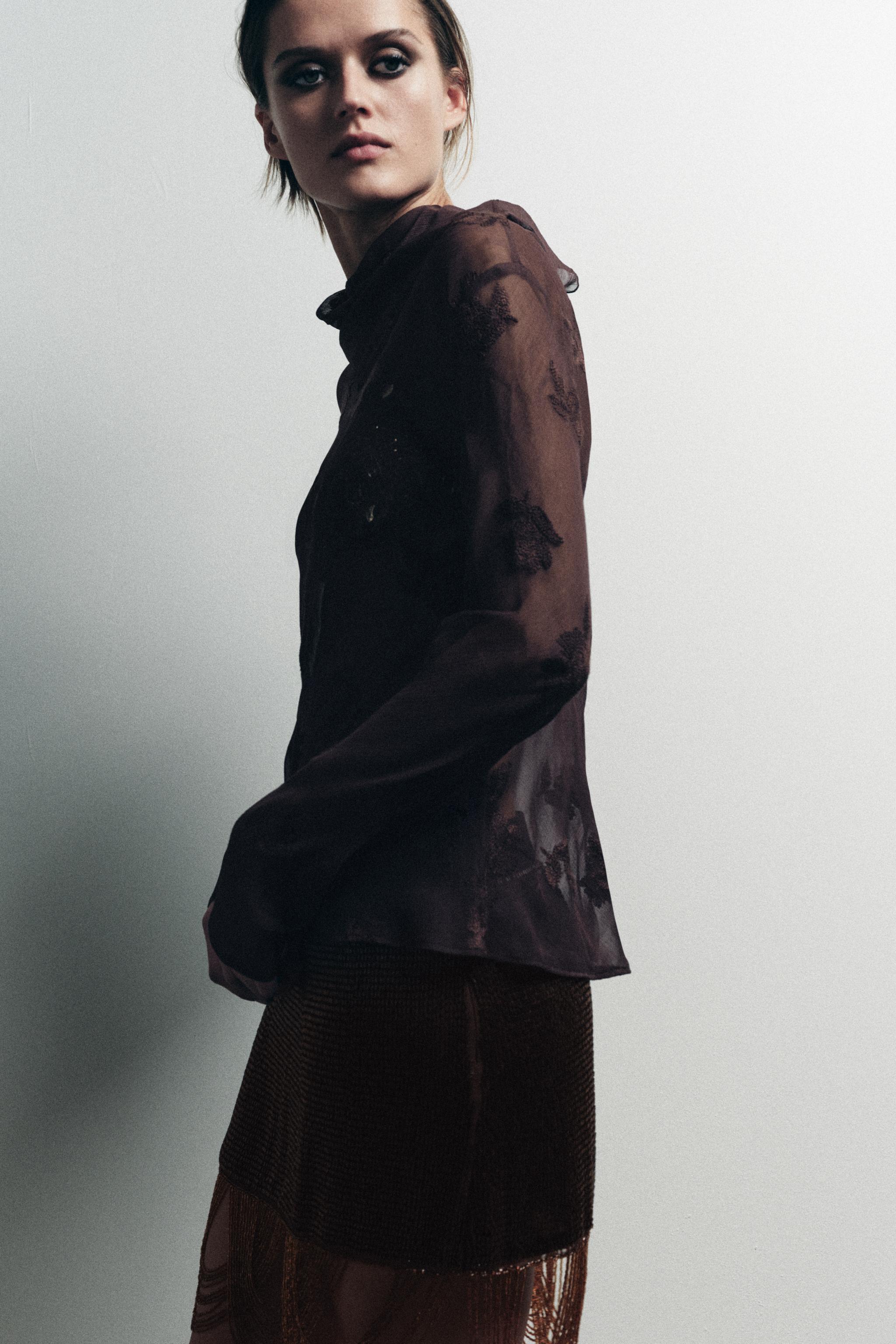 SEMI-SHEER SHIRT WITH FLORAL EMBROIDERY - Brown | ZARA Canada