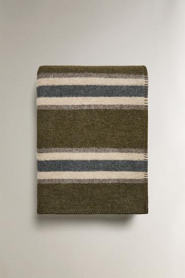STRIPED WOOL BLEND BLANKET - Khaki by Zara
