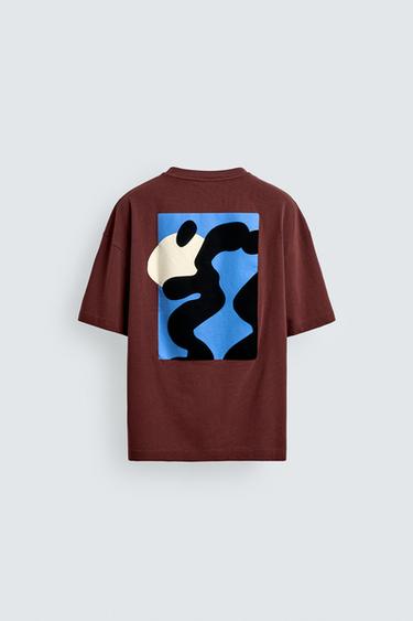 FLOCKED PRINT RELAXED FIT T-SHIRT - Burgundy by Zara - Image 8