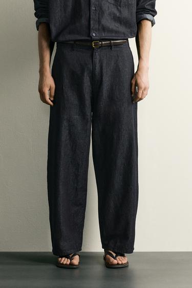 Zara LIGHTWEIGHT COTTON-LINEN DENIM CHINO PANTS - Indigo