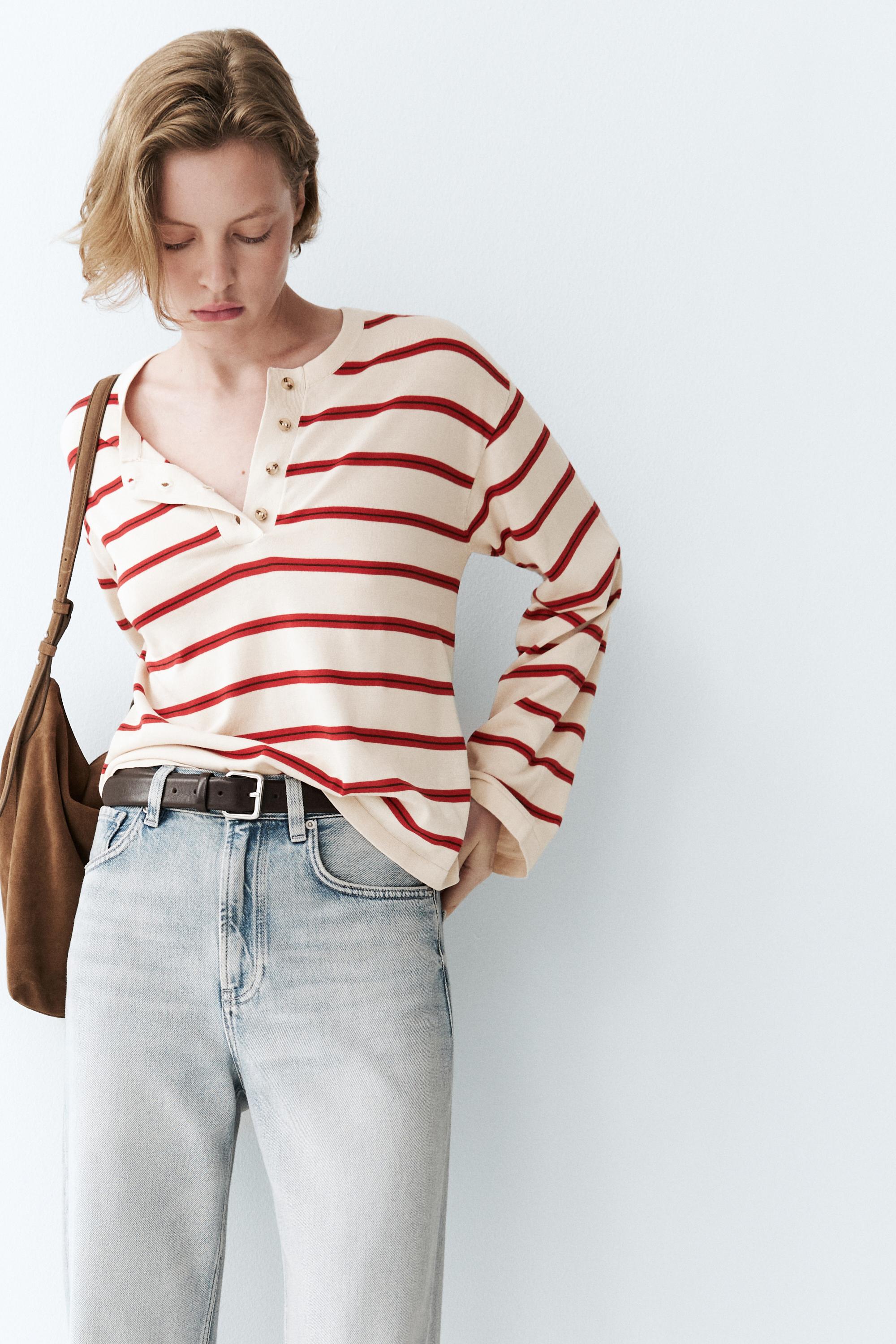 Pull en maille à rayures 100 % coton et col tunisien
