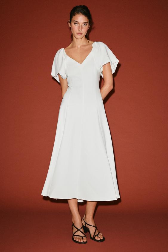 VESTIDO MIDI ESCOTE PICO - Blanco roto de Zara - Imagen 0