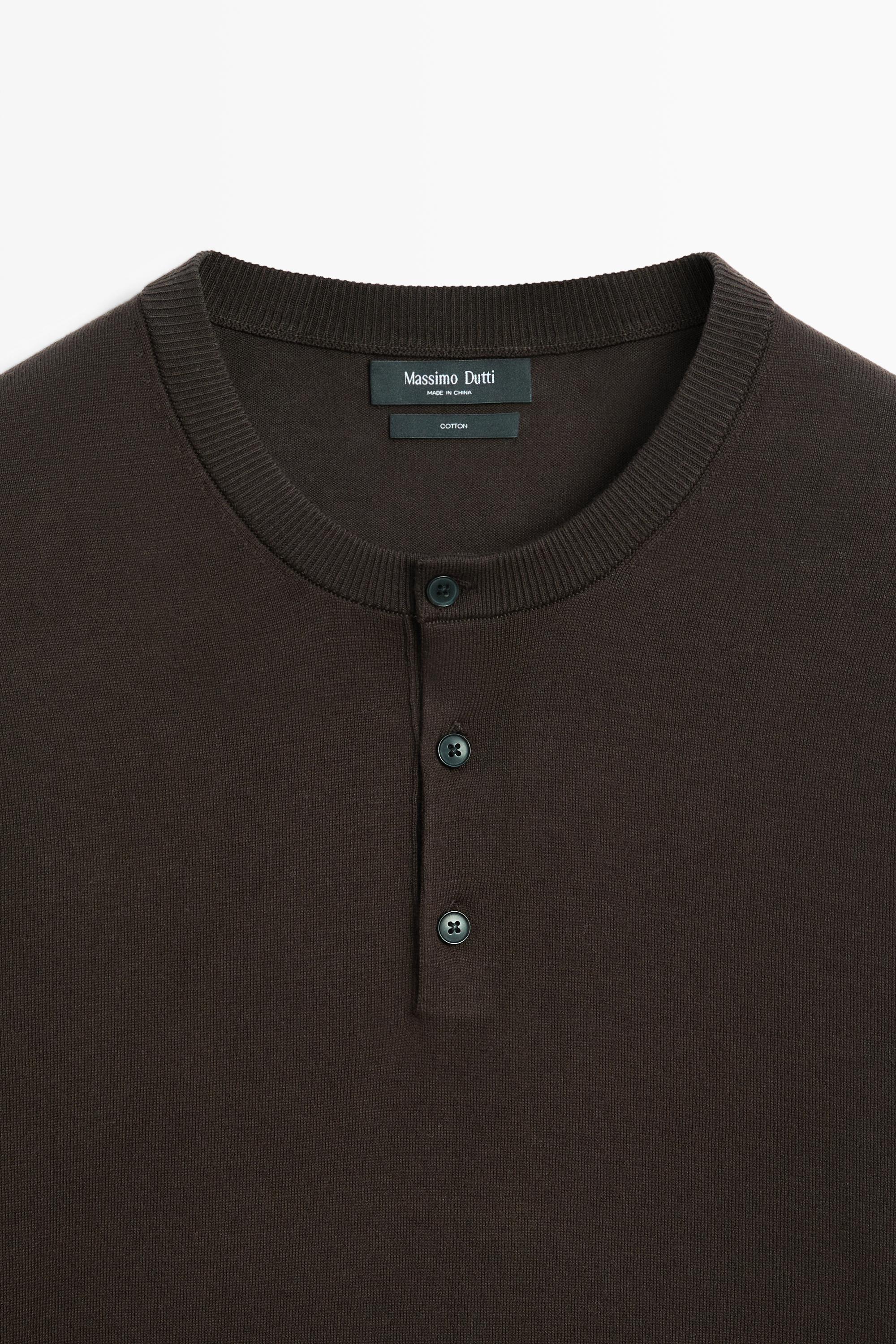 100% Cotton Henley Neck Knit Sweater — Brown marl