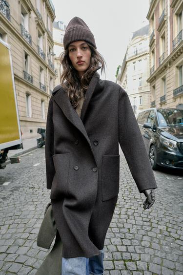 LONG MANTEAU À BOUTONNAGE CROISÉ AVEC LAINE - Marron de Zara - Image 4
