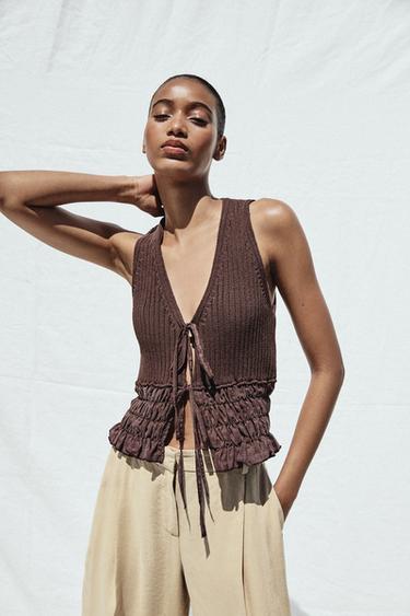 RUFFLED KNIT TOP - Brown by Zara - Image 0