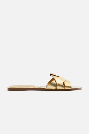Zara LOW HEELED CROSSED LEATHER SANDALS - Gold