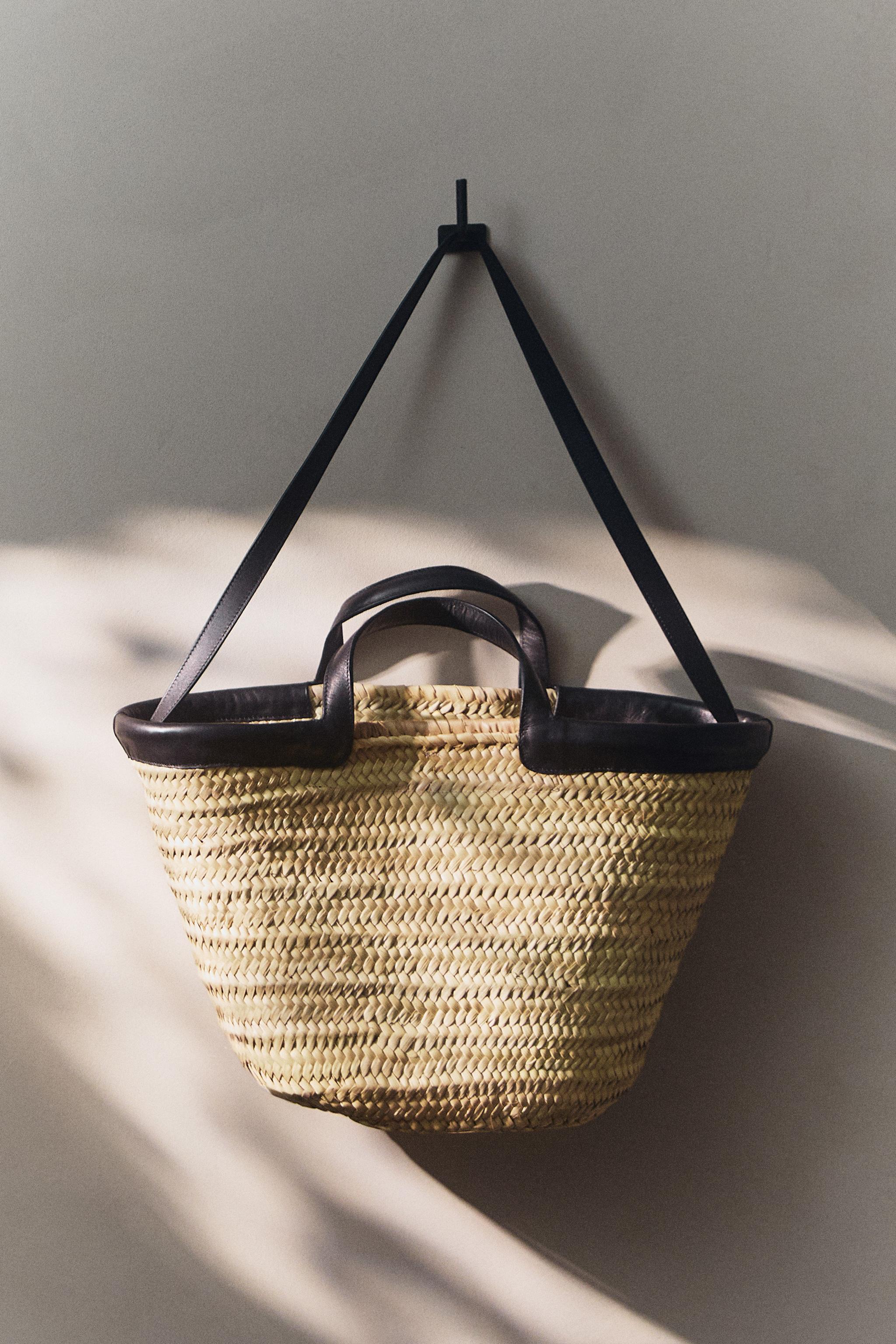 LEATHER DETAIL TOTE BAG — Light beige